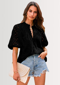 PRETTYGARDEN Women's Summer Short Sleeve Tops Dressy Casual Buttons V Neck Hollow Out Lace Embroidered Blouses Shirts