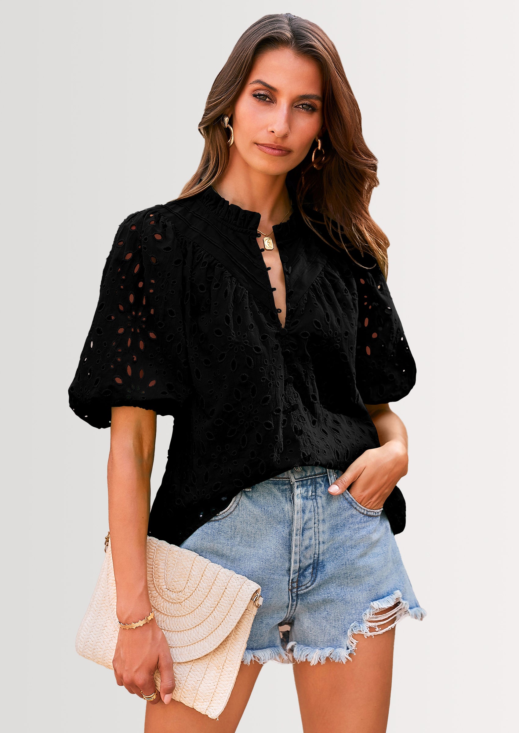 PRETTYGARDEN Women's Summer Short Sleeve Tops Dressy Casual Buttons V Neck Hollow Out Lace Embroidered Blouses Shirts