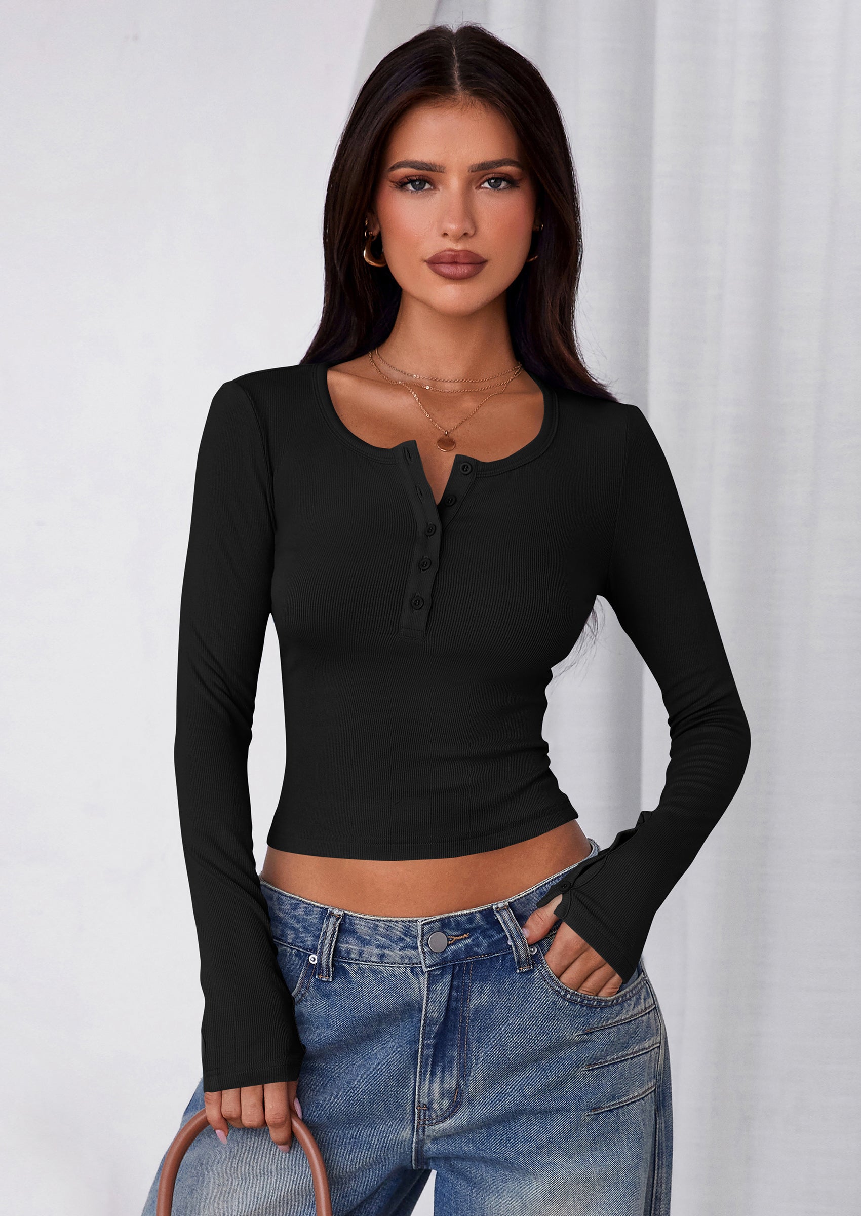 PRETTYGARDEN Women's Summer Long Sleeve Henley T Shirts Ribbed Knit Button Slim Fitted Basic Casual Going Out Fall Tops