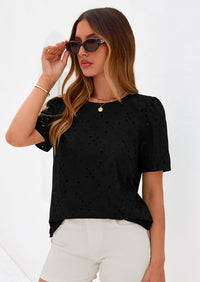 PRETTYGARDEN Women's Puff Short Sleeve Eyelet Shirts Summer Lace Blouses Dressy Casual Work Tops Spring Teacher Clothes PRETTYGARDEN