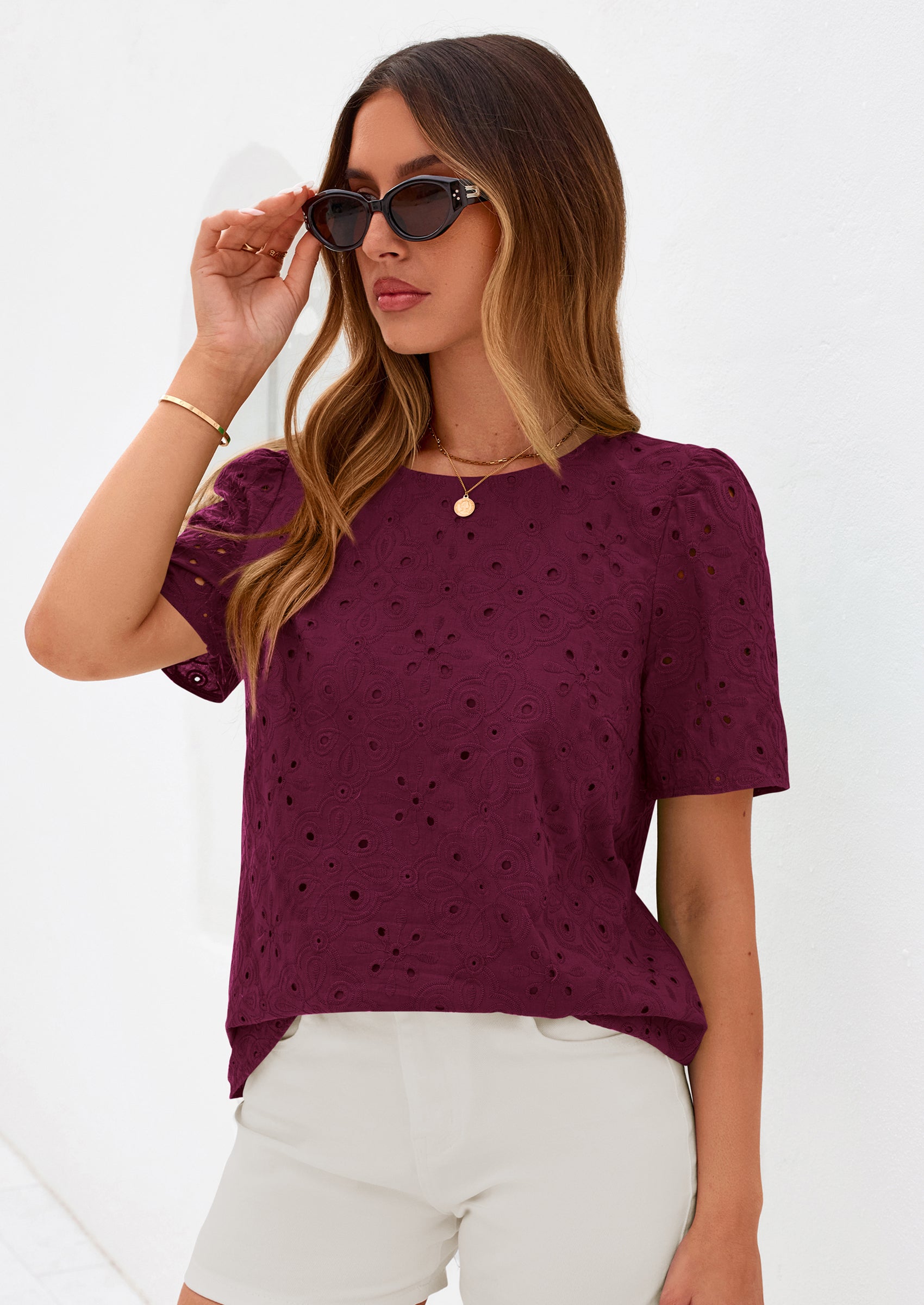 PRETTYGARDEN Women's Puff Short Sleeve Eyelet Shirts Summer Lace Blouses Dressy Casual Work Tops Spring Teacher Clothes PRETTYGARDEN