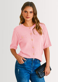 PRETTYGARDEN Women's Summer Button Down Shirts Casual Short Sleeve Crew Neck Ribbed Knit Blouse Top Cardigans