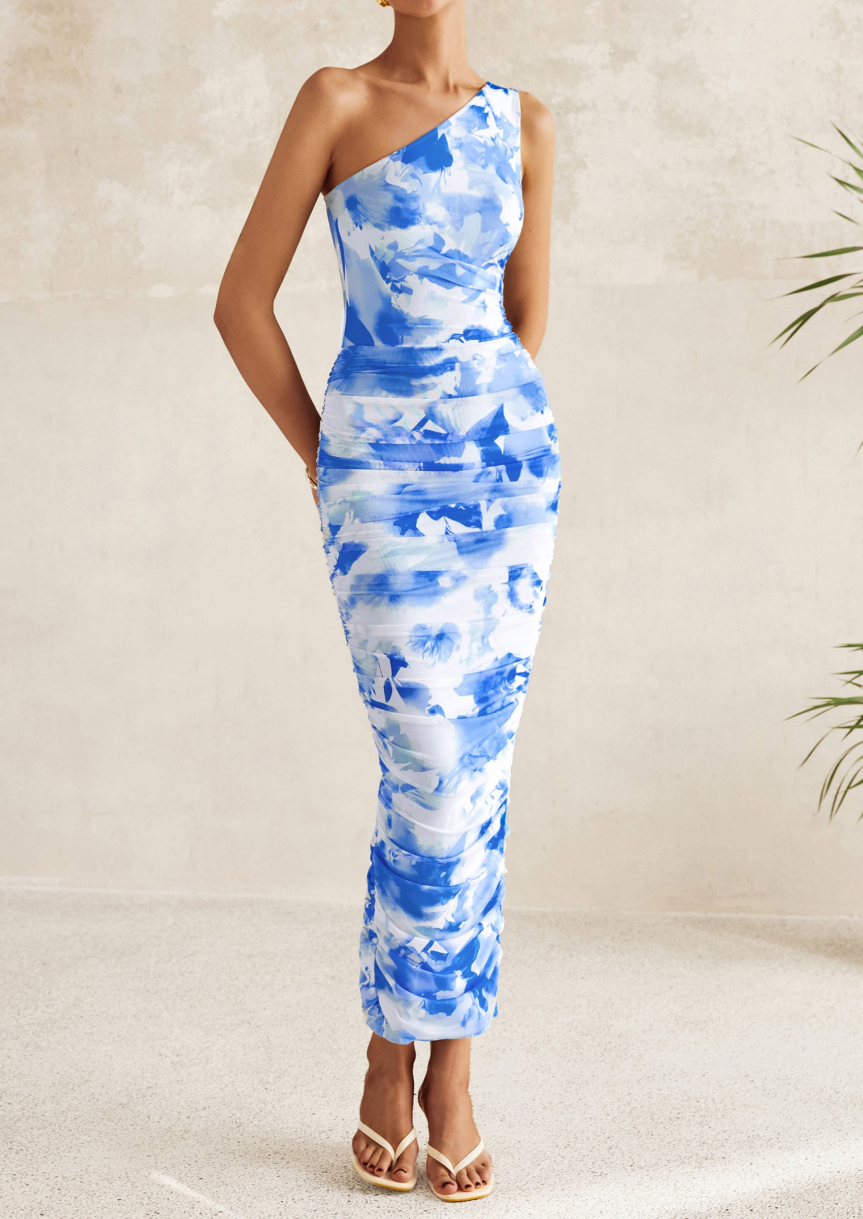 PRETTYGARDEN Women's One Shoulder Bodycon Dresses Ruched Floral Beach Cocktail Wedding Guest Dress