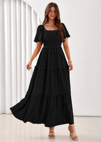 PRETTYGARDEN Summer Dresses for Women Boho Swiss Dot Smocked Square Neck Short Sleeve Spring Wedding Guest Maxi Dress PRETTYGARDEN