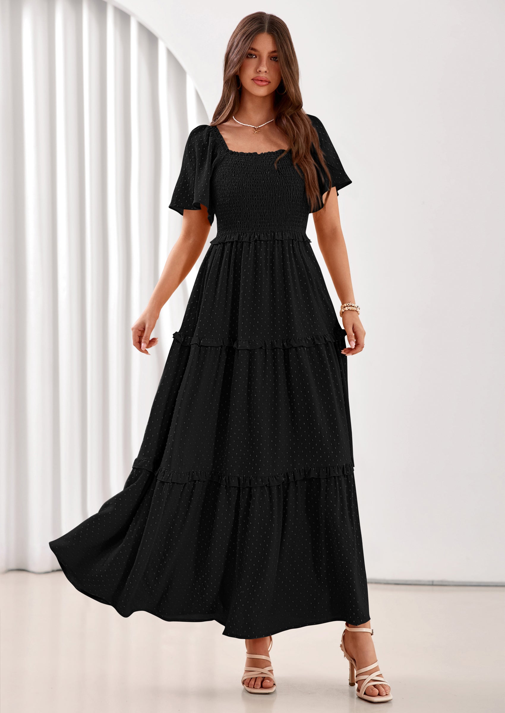 PRETTYGARDEN Summer Dresses for Women Boho Swiss Dot Smocked Square Neck Short Sleeve Spring Wedding Guest Maxi Dress PRETTYGARDEN