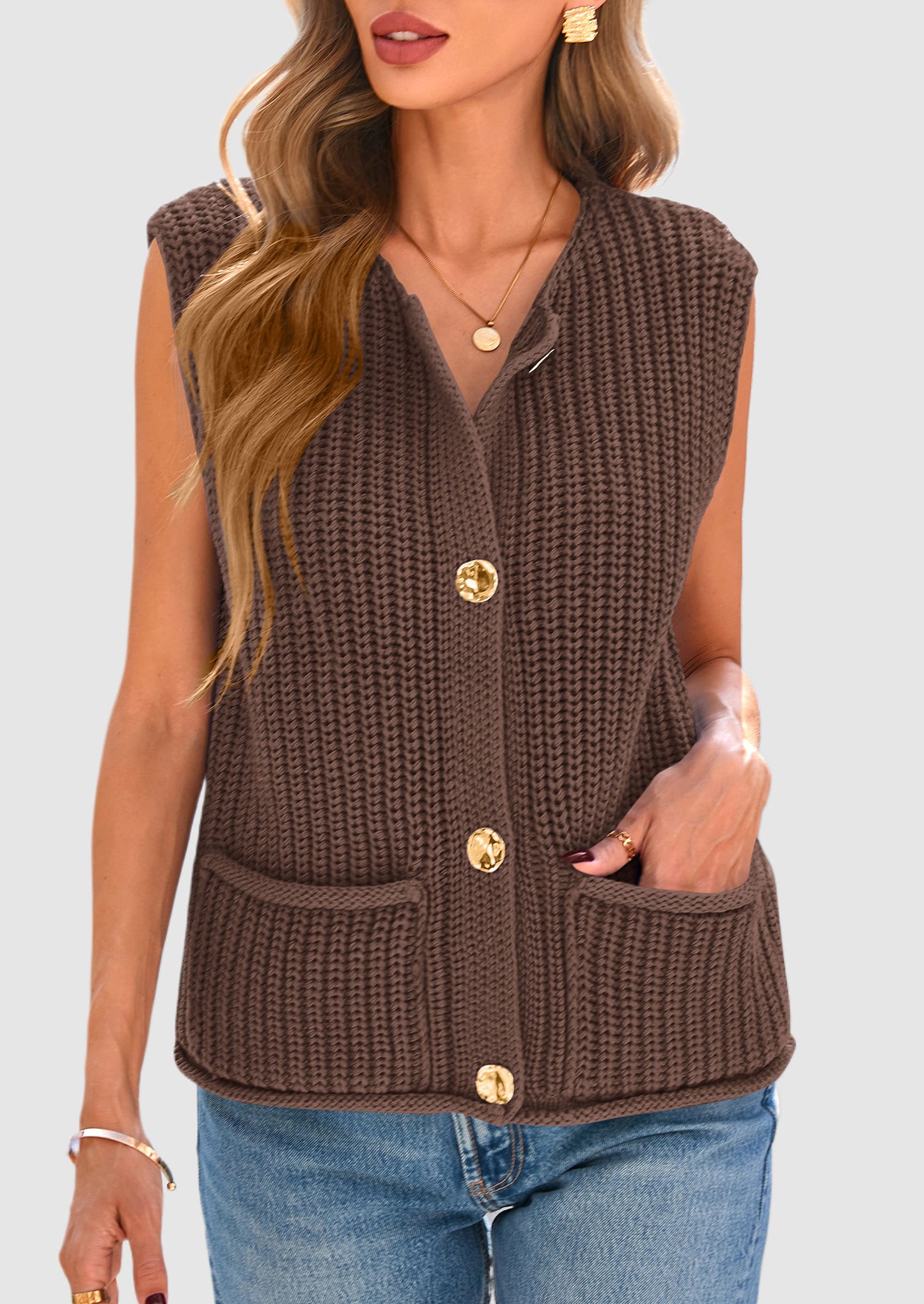 Women's Sweaters Vest 2025 Sleeveless Button Down Cropped Chunky Knit Cardigan Trendy Tank Tops with Pockets