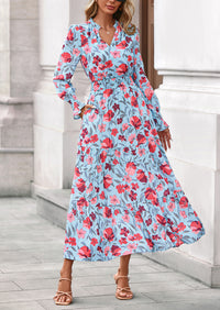 PRETTYGARDEN Women's Floral Maxi Dress Spring Long Sleeve V Neck Casual A Line Long Flowy Boho Party Dresses