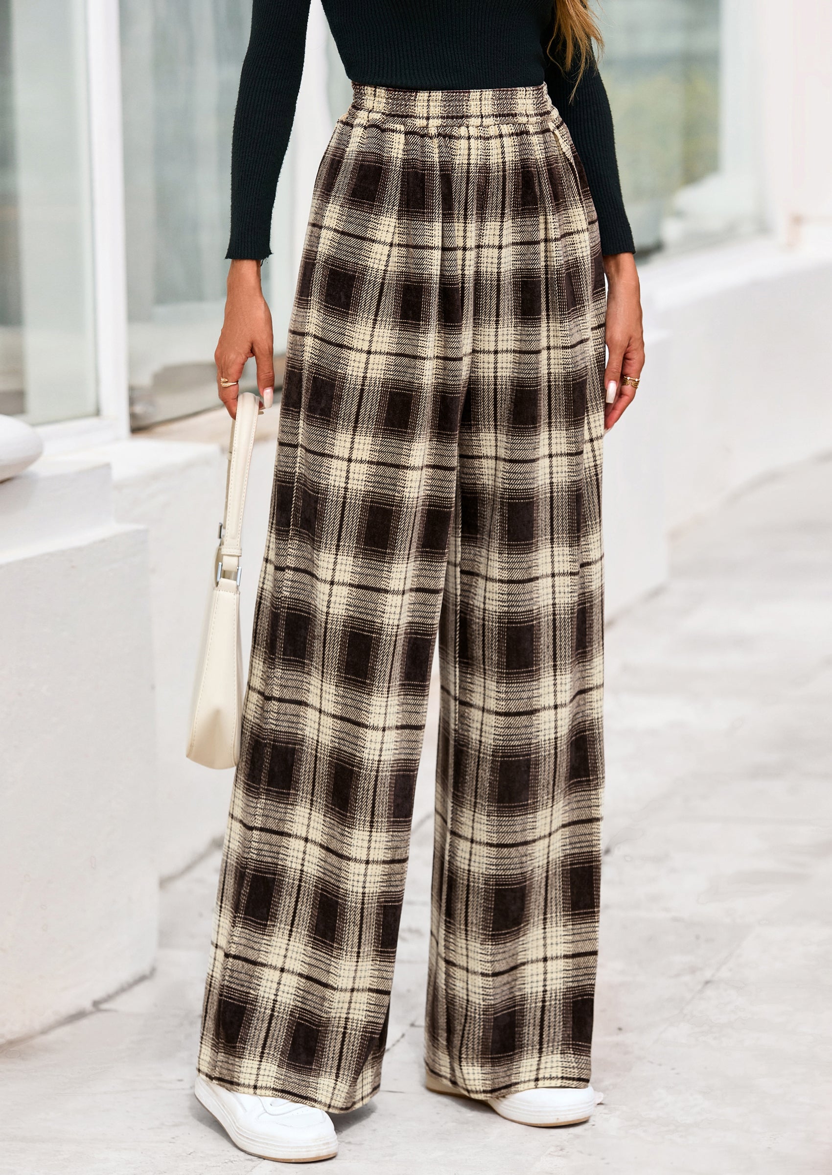 PRETTYGARDEN Casual Women's Pants Elastic Waist Palazzo Long Stretchy Wide Leg Trousers Knit Fall Outfits with Pockets