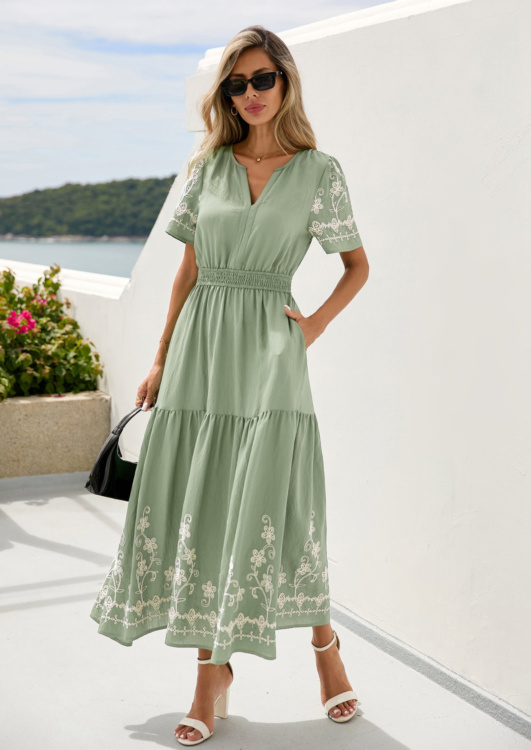 PRETTYGARDEN Women's Summer Boho Maxi Dress Spring Floral Short Sleeve V Neck A Line Flowy Beach Wedding Guest Dresses PRETTYGARDEN