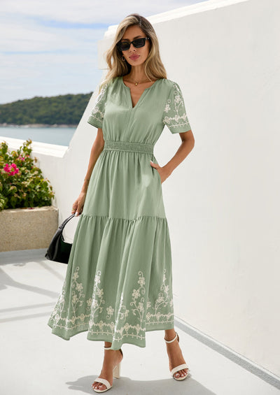PRETTYGARDEN Women's Summer Boho Maxi Dress Spring Floral Short Sleeve V Neck A Line Flowy Beach Wedding Guest Dresses PRETTYGARDEN