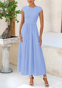 PRETTYGARDEN Women's Casual Long Dresses Cap Sleeve Patchwork A Line Flowy Modest Elegant Homecoming Maxi Dress