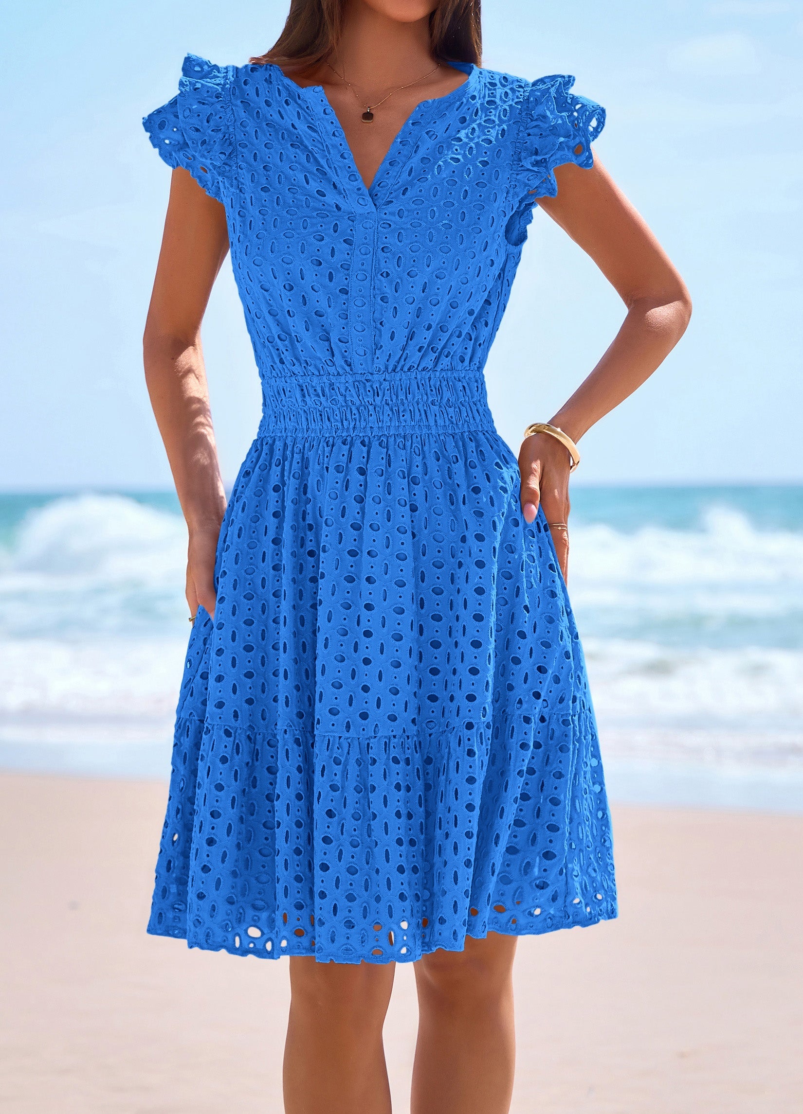 PRETTYGARDEN Women's Summer Sundresses Eyelet Cap Sleeve V Neck Short Boho Wedding Guest Dress Beach Vacation Clothes PRETTYGARDEN