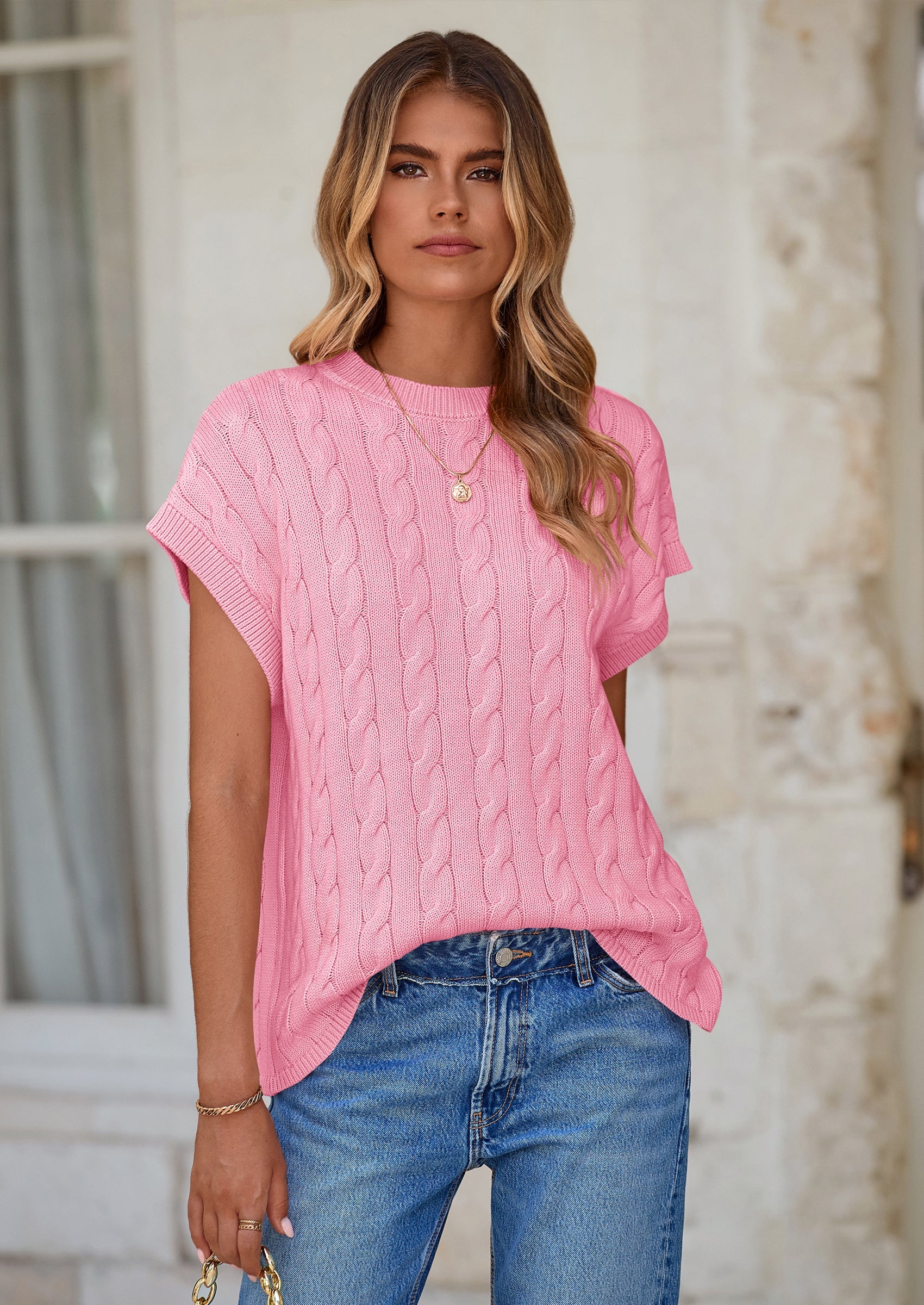 PRETTYGARDEN Women's Sweater Vest Summer Short Sleeve Tops Casual Crewneck Knit Oversized Pullover Trendy Spring Outfits PRETTYGARDEN