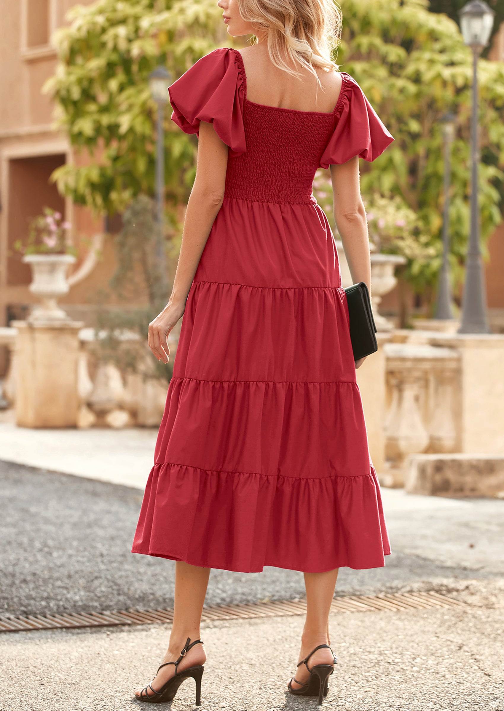 PRETTYGARDEN Women's Summer Casual Midi Dress Puffy Short Sleeve Square Neck Smocked Tiered Ruffle Dresses