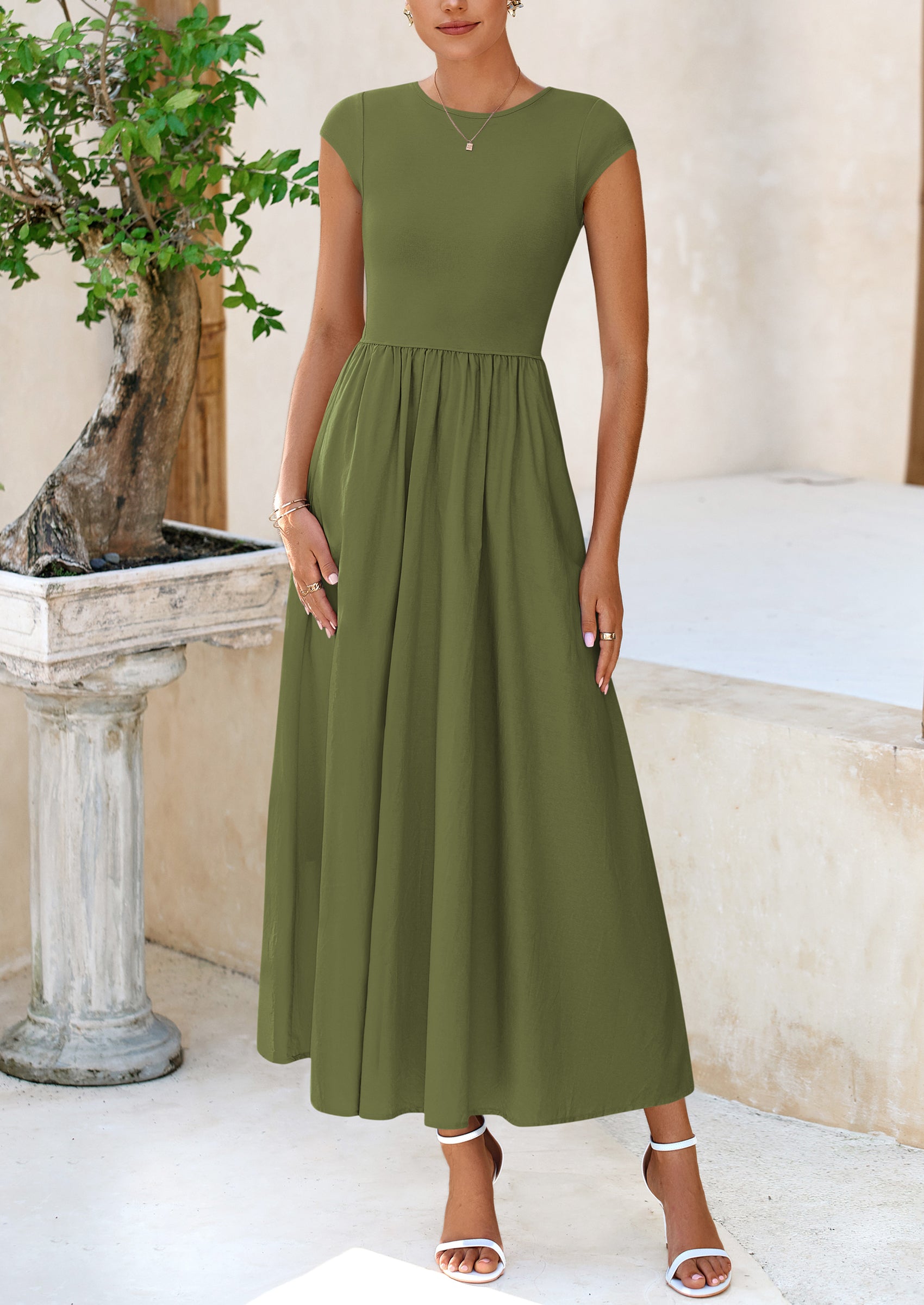 PRETTYGARDEN Women's Casual Long Dresses Cap Sleeve Patchwork A Line Flowy Modest Elegant Homecoming Maxi Dress