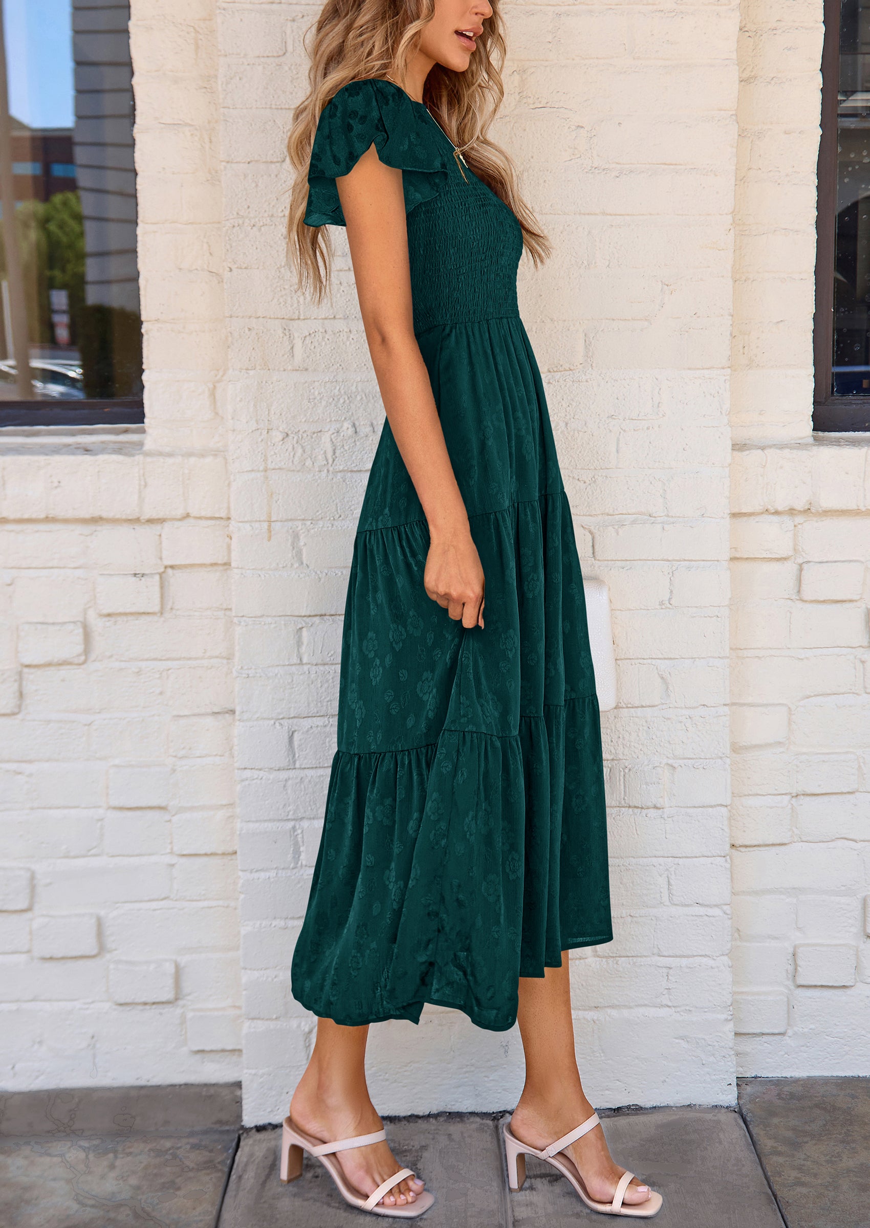 PRETTYGARDEN Midi Dress for Women Summer Floral Cap Sleeve Smocked Ruffle A Line Long Flowy Wedding Guest Dresses