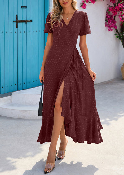 PRETTYGARDEN Women's Summer Maxi Dress Casual Wrap Floral Boho Short Sleeve V Neck Split Ruffle Beach Long Dresses