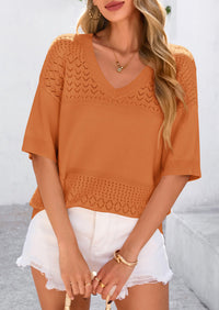 PRETTYGARDEN Women's Short Sleeve Sweater Tops Spring Summer Casual V Neck Ribbed Knit Trendy Eyelet Blouse T Shirts