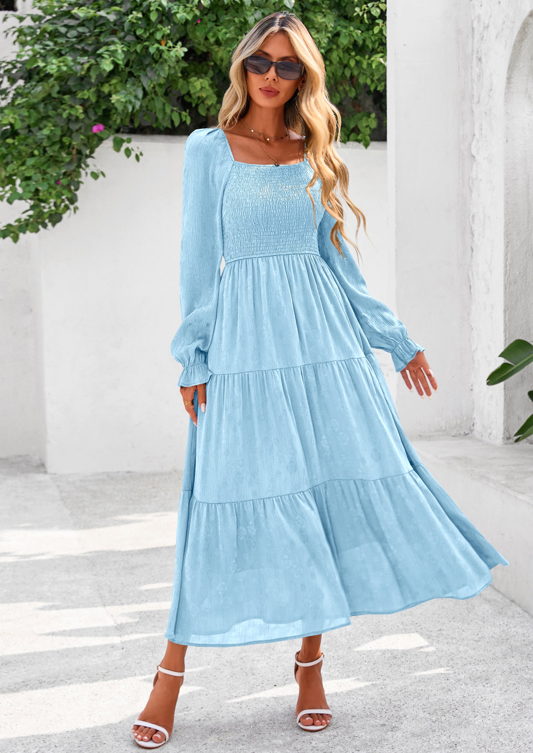 PRETTYGARDEN Fall Wedding Guest Dresses for Women Floral Long Sleeve Smocked Tiered Elegant Long Flowy Boho Dress