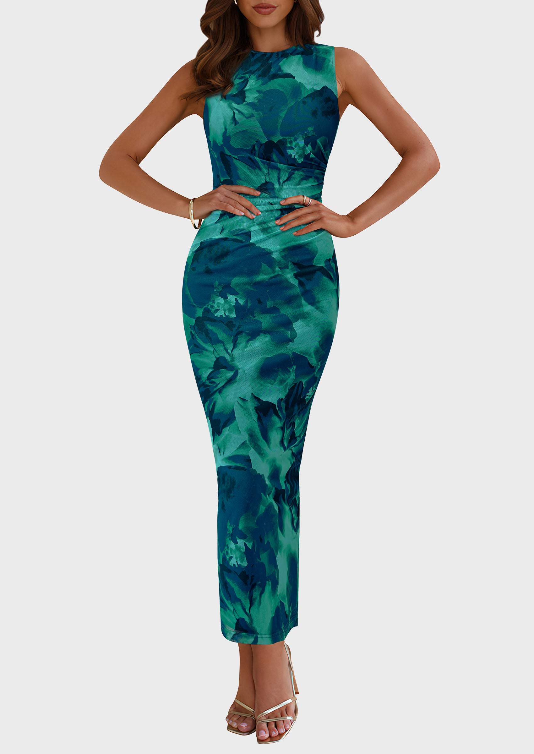 PRETTYGARDEN Wedding Guest Dresses for Women Spring Floral Bodycon Sleeveless Mesh Maxi Long Dress