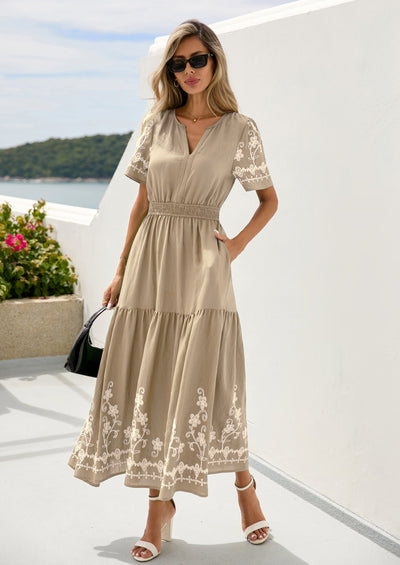 PRETTYGARDEN Women's Summer Boho Maxi Dress Spring Floral Short Sleeve V Neck A Line Flowy Beach Wedding Guest Dresses PRETTYGARDEN