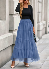 PRETTYGARDEN Maxi Skirts for Women Fall Tulle High Waisted Ruffle Flowy A-Line Long Skirt Country Concert Outfits