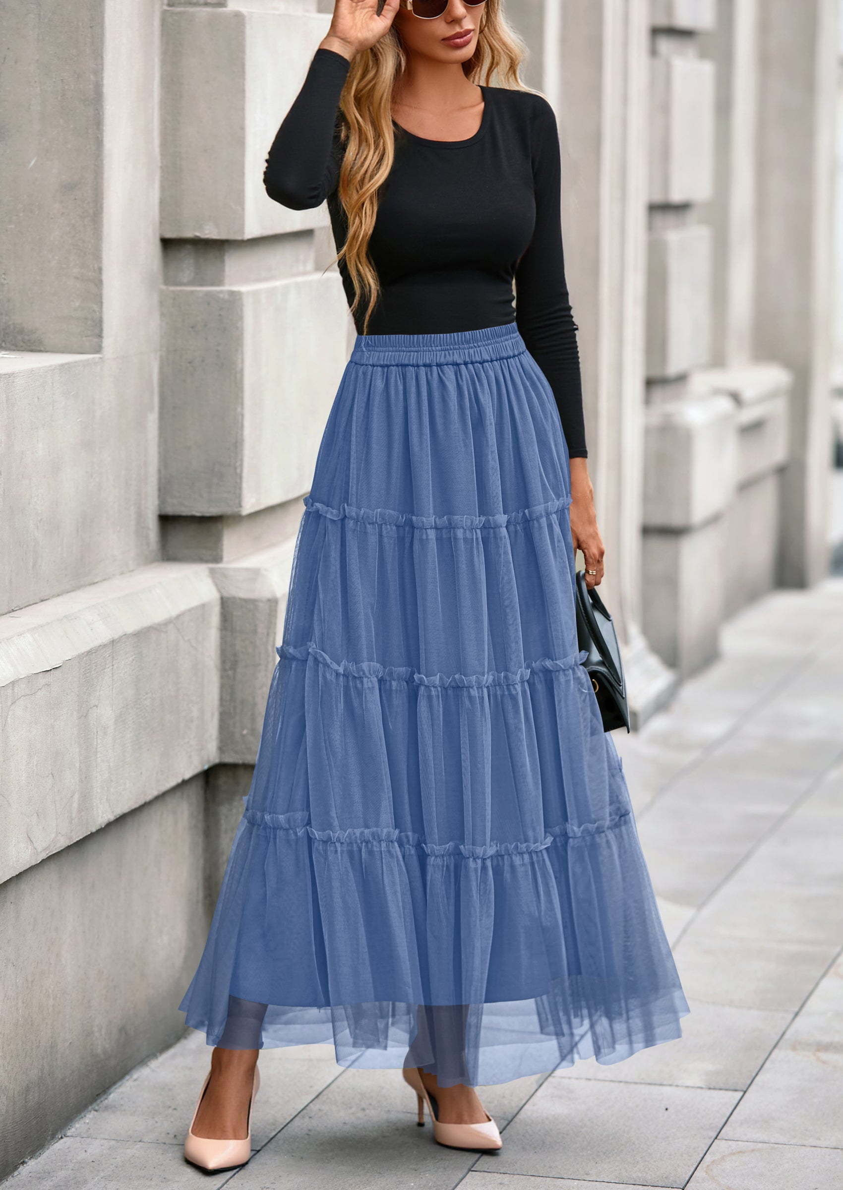 PRETTYGARDEN Maxi Skirts for Women Fall Tulle High Waisted Ruffle Flowy A-Line Long Skirt Country Concert Outfits