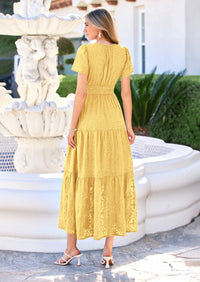 PRETTYGARDEN Womens Boho Maxi Dress Floral Summer Spring Short Sleeve V Neck A Line Embroidered Beach Vacation Dresses