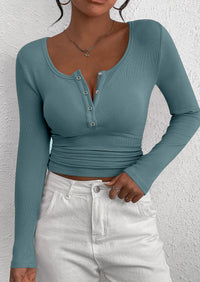 BTFBM Women Long Sleeve Shirts Fall Tops V Neck Button Up Slim Fit Ribbed Knit Solid Color Casual Shirts