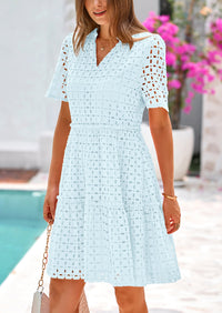 Women's Short Sleeve Mini Dress 2025 Summer V Neck Hollow Out Eyelet Ruffle A Line Swing Short Dresses