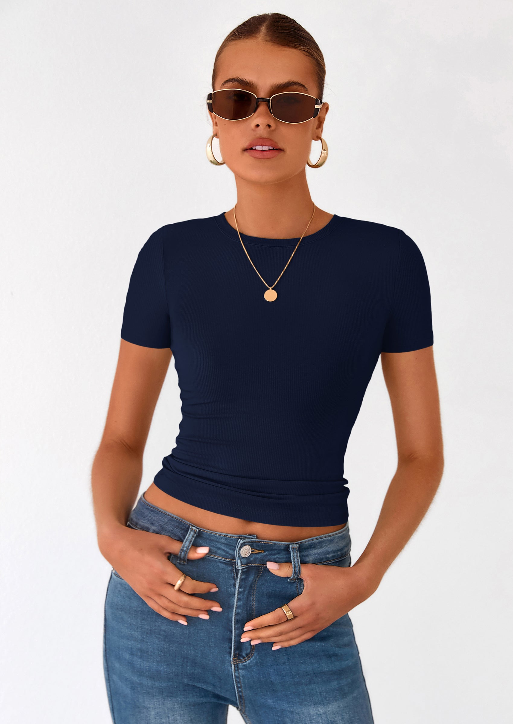 PRETTYGARDEN Women Summer Crew Neck Short Sleeve Tops Ribbed Knit Slim Fit Fashion Basic Tee Shirts Casual Going Out Top PRETTYGARDEN