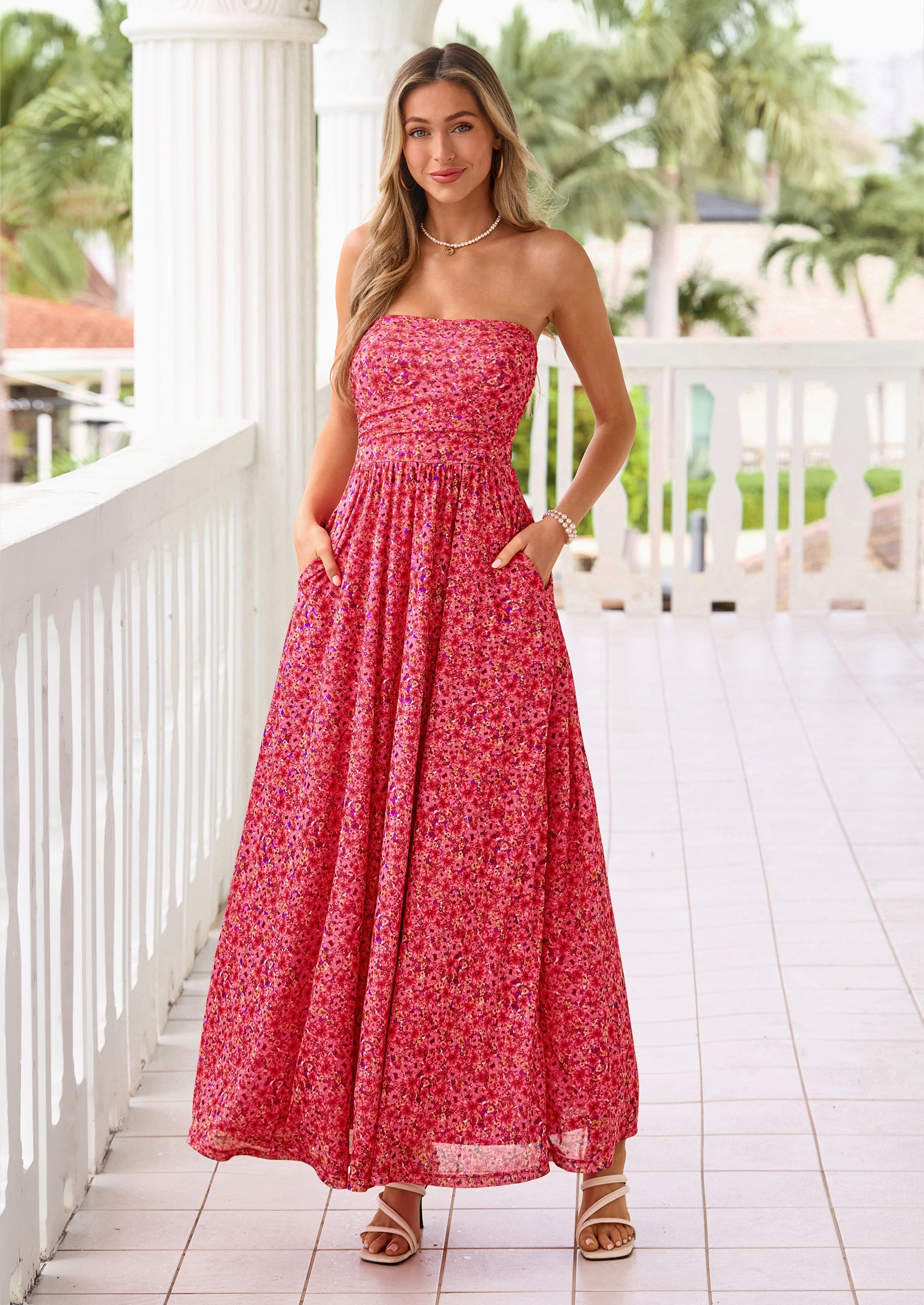 PRETTYGARDEN Womens Boho Maxi Dress Summer Floral Tube Strapless Spring Wedding Guest Cocktail Long Dresses