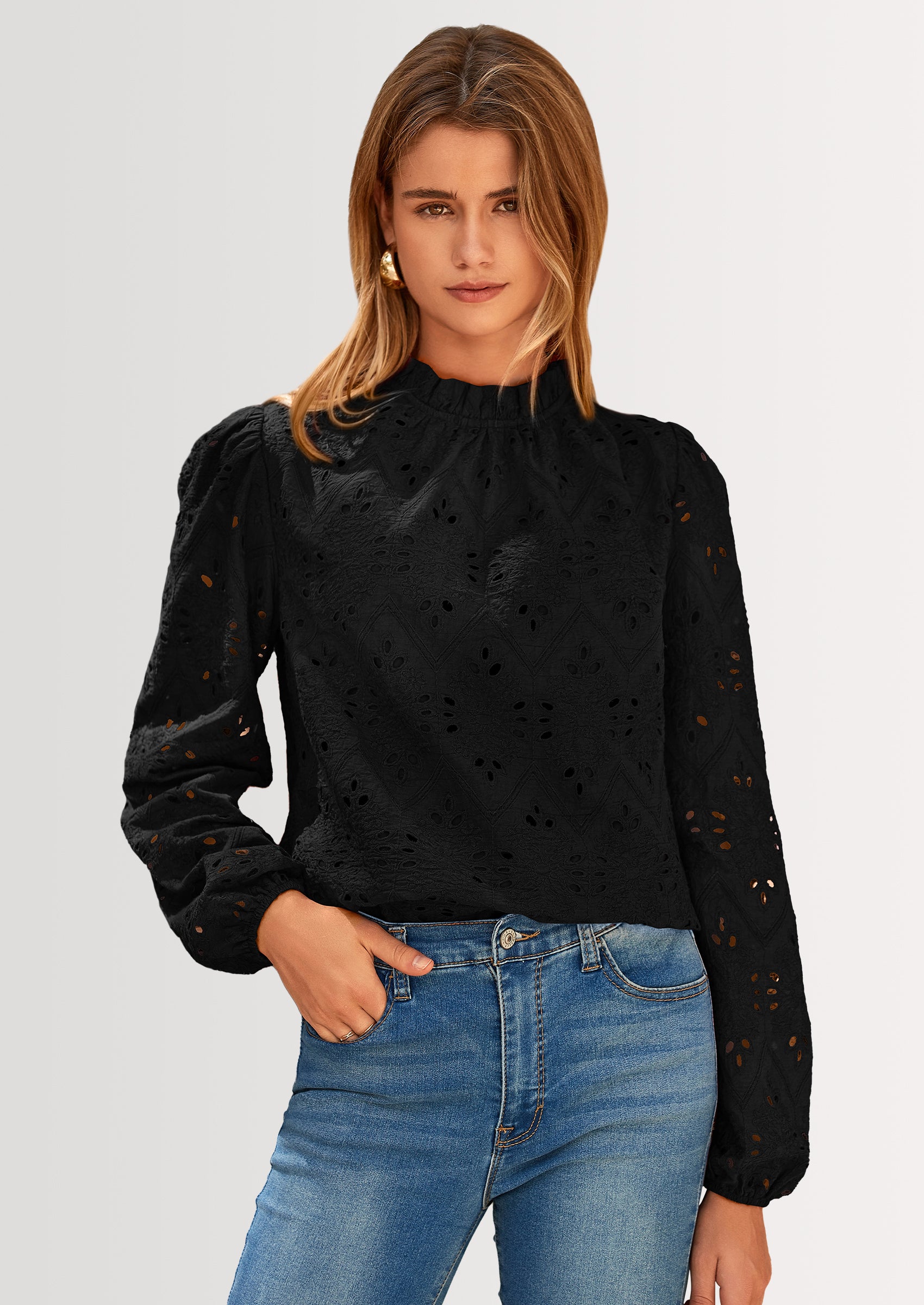 PRETTYGARDEN Womens Tops Dressy Casual Spring Long Sleeve Shirts Embroidered Eyelet Blouses Going Out Outfits