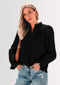 PRETTYGARDEN Women's Dressy Casual Blouse Tops Fall Spring Puff Long Sleeve Button V Neck Hollow Out Lace Embroidered Shirts