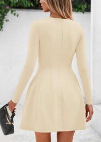 PRETTYGARDEN Long Sleeve Mini Dress for Women Fall Crewneck Knit Pleated Babydoll A Line Soft Casual Short Party Dresses