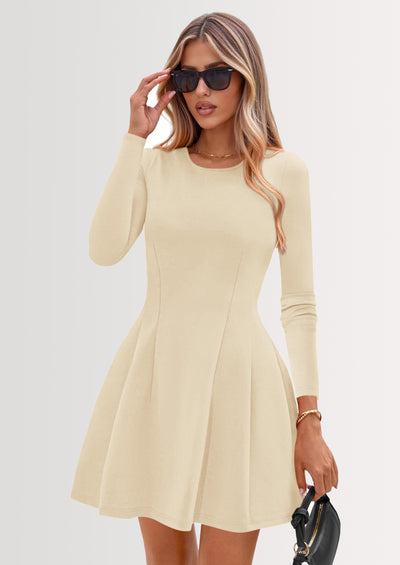 PRETTYGARDEN Long Sleeve Mini Dress for Women Fall Crewneck Knit Pleated Babydoll A Line Soft Casual Short Party Dresses