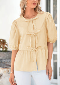 PRETTYGARDEN Women's Tie Front Striped Shirt Summer Trendy Fashion Cute Babydoll Tops Peplum Puffy Sleeve Blouse