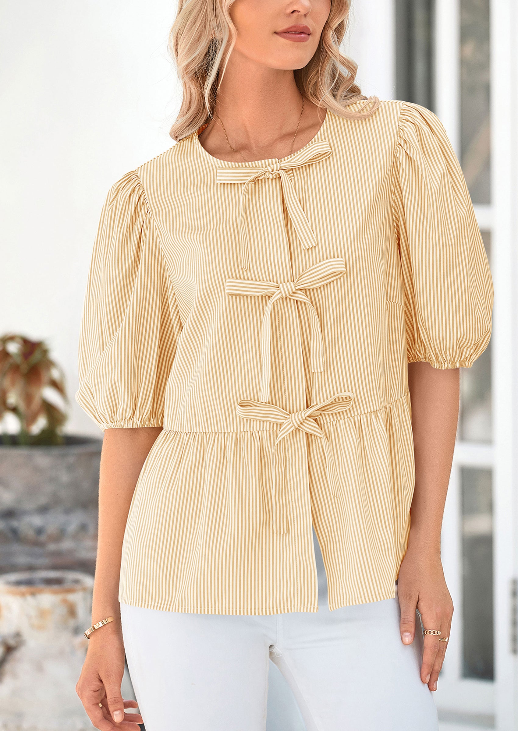 PRETTYGARDEN Women's Tie Front Striped Shirt Summer Trendy Fashion Cute Babydoll Tops Peplum Puffy Sleeve Blouse