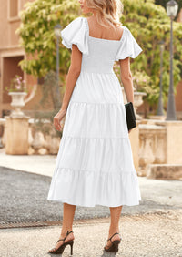 PRETTYGARDEN Women's Summer Casual Midi Dress Puffy Short Sleeve Square Neck Smocked Tiered Ruffle Dresses