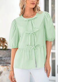 PRETTYGARDEN Women's Tie Front Striped Shirt Summer Trendy Fashion Cute Babydoll Tops Peplum Puffy Sleeve Blouse