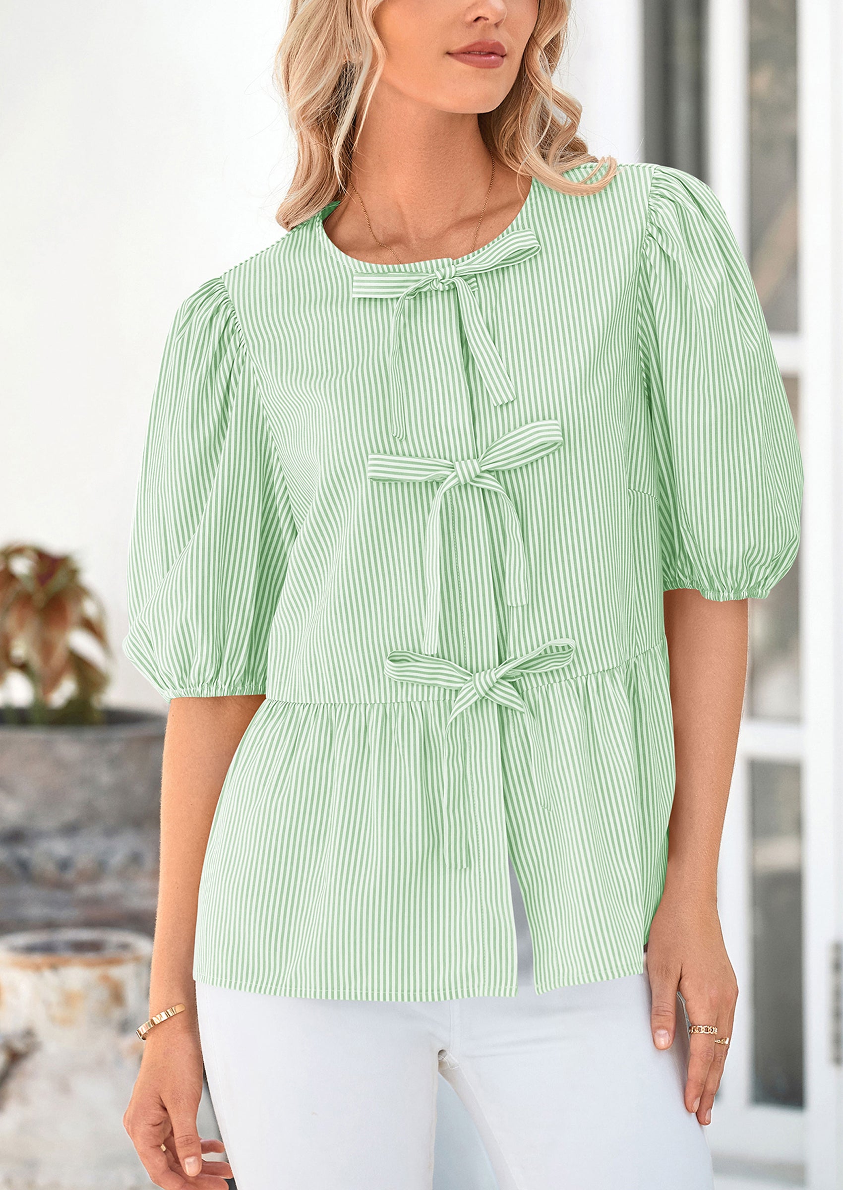 PRETTYGARDEN Women's Tie Front Striped Shirt Summer Trendy Fashion Cute Babydoll Tops Peplum Puffy Sleeve Blouse