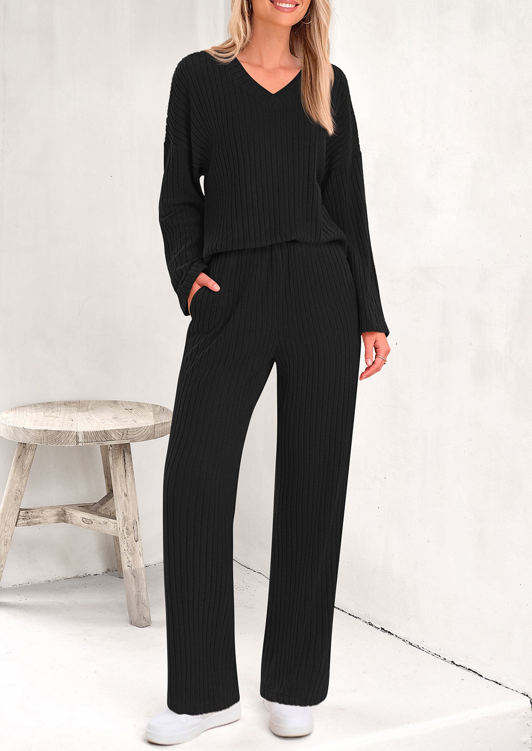 PRETTYGARDEN Women's 2 Piece Lounge Sets Ribbed Knit Long Sleeve V Neck Pullover Tops Wide Leg Pants Spring Fall Outfits