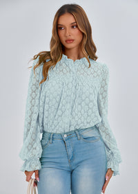 PRETTYGARDEN Lace Long Sleeve Tops for Women Eyelet Blouses Dressy Casual Hollow Out Button Down Shirts Summer Outfits