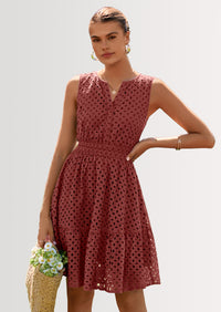 PRETTYGARDEN Women's Summer Dresses Sleeveless V Neck Eyelet Hollow Out Swing A Line Beach Vacation Sun Dress