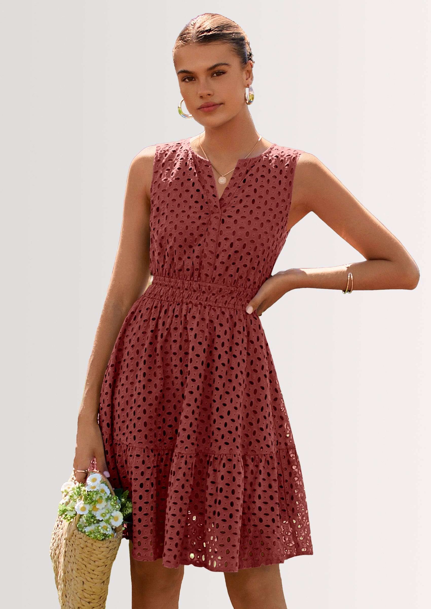 PRETTYGARDEN Women's Summer Dresses Sleeveless V Neck Eyelet Hollow Out Swing A Line Beach Vacation Sun Dress