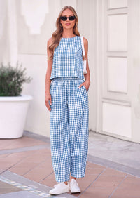 PRETTYGARDEN Womens 2 Piece Sets Summer Plaid Sleeveless Tops Wide Leg Pants Matching Lounge Set Beach Vacation Outfits