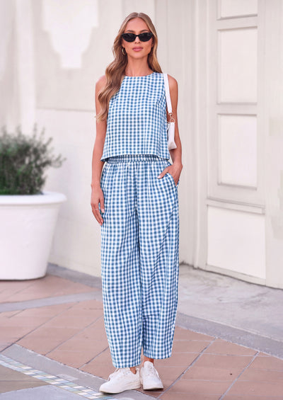 PRETTYGARDEN Womens 2 Piece Sets Summer Plaid Sleeveless Tops Wide Leg Pants Matching Lounge Set Beach Vacation Outfits