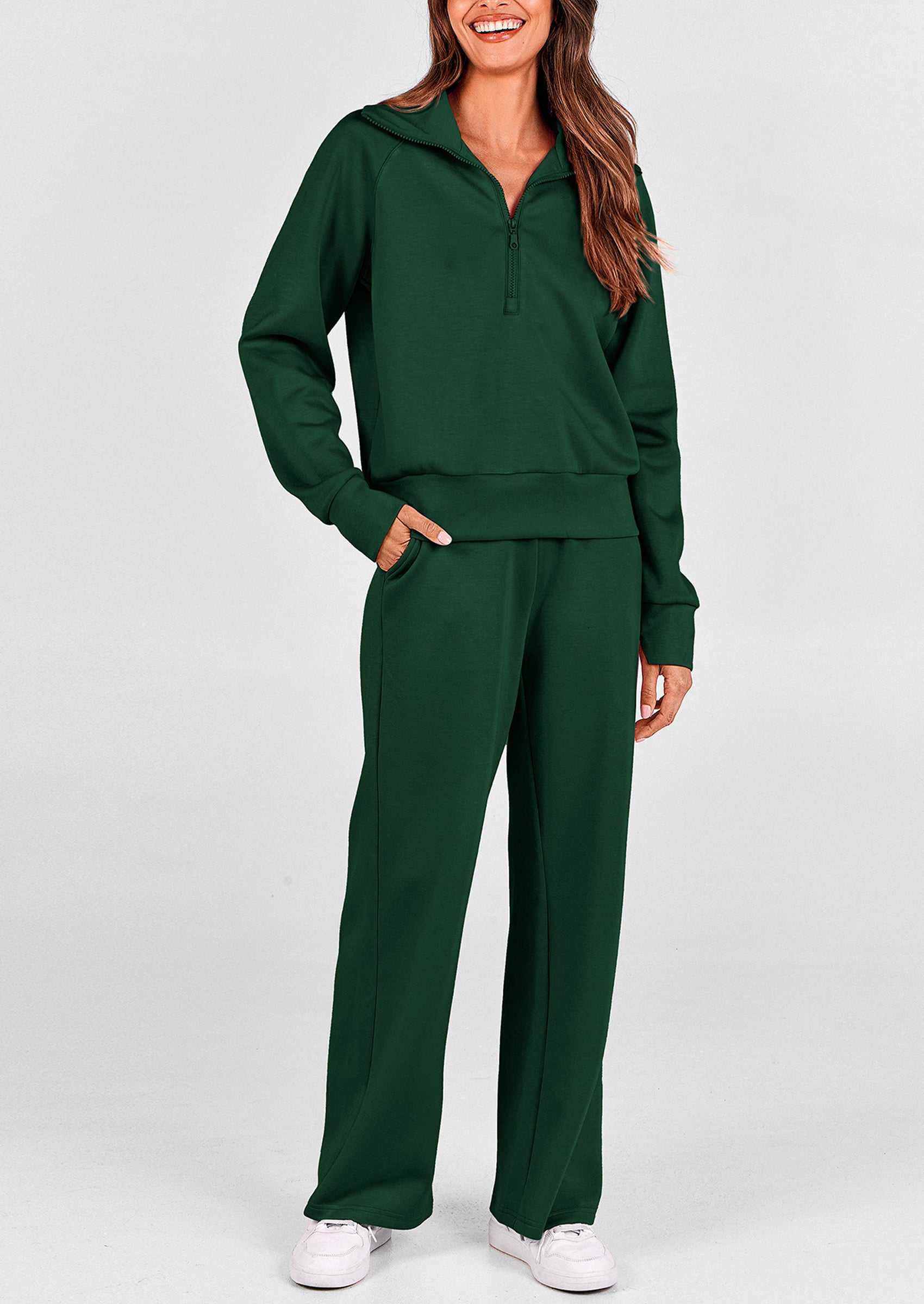 PRETTYGARDEN Women's 2 Piece Outfits Casual Lapel Half Zip Sweatshirts And Wide Leg Pants Tracksuit Sets