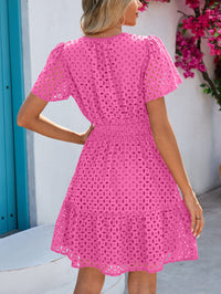 PRETTYGARDEN Women Summer Short Dress V Neck Short Sleeve A Line Hollow Out Lace Ruffle Cute Casual Beach Party Dresses