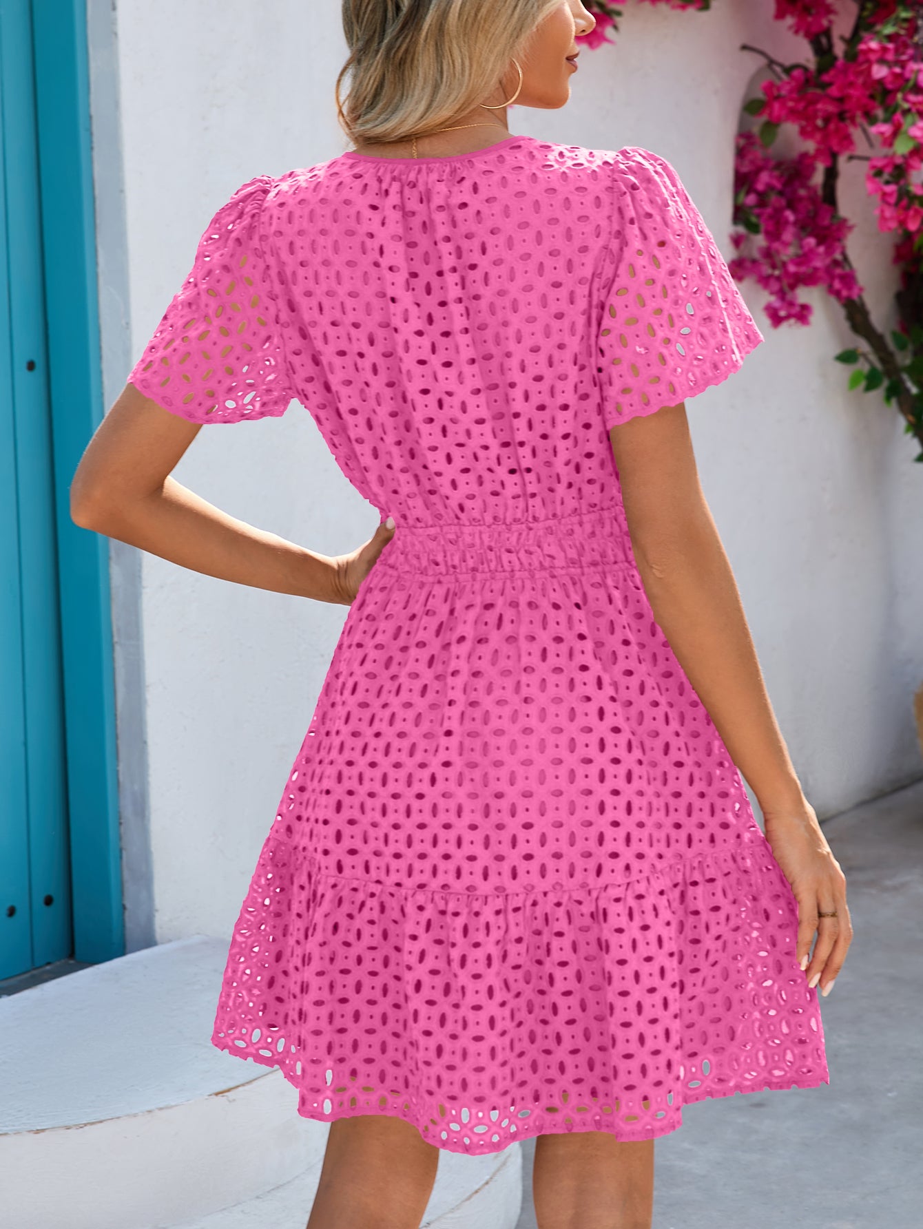 PRETTYGARDEN Women Summer Short Dress V Neck Short Sleeve A Line Hollow Out Lace Ruffle Cute Casual Beach Party Dresses